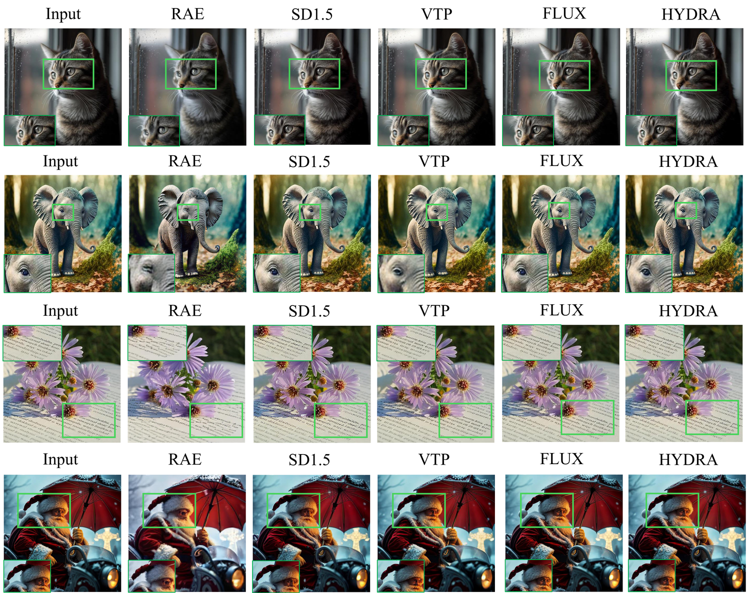 Reconstruction comparison between HYDRA-TOK and baselines.