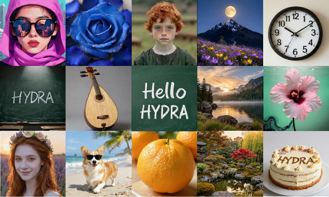 HYDRA text-to-image generation examples across diverse subjects, objects, text, and landscapes.